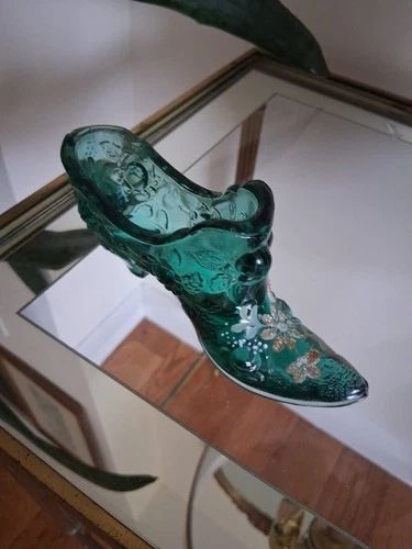 Vintage Fenton Green Glass Slipper Shoe Hand Painted - Signed