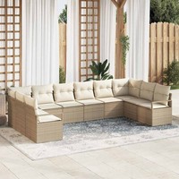 10-Teiliges Garten-Sofa-Set Mit Kissen Beige Poly Rattan, 2-Sitzer Garten-Sofa M
