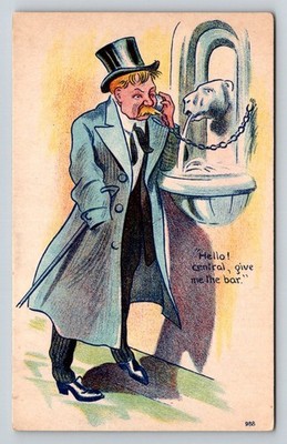 Humorous Man Top Hat Lion Phone ''Give Me The Bar'' Vintage Postcard 1907-1915