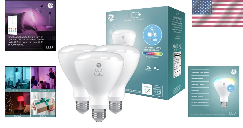 Energy Efficient LED BR30 Color Changing Bulbs with Remote Control - 3 Count - Image 2 of 4