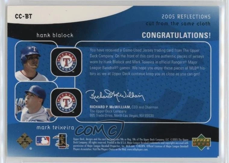 2005 Reflections Cut from the Same Cloth Blue /50 Mark Teixeira Hank Blalock - Image 2 of 2