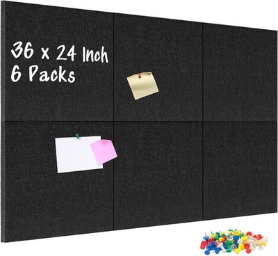 DOLLAR BOSS Felt Cork Board Tiles, 6 Packs 12'' x 1/2'' Thick 6 PCS, Black 