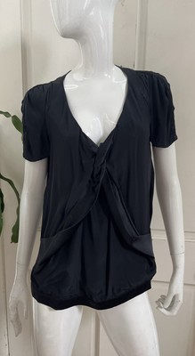 IRO Black Silk Satin Short Sleeve Twist/Draped Front Blouse Sz 40 US 8