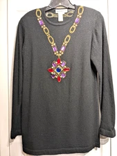 Vintage Outlander Sweater Womens Medium Black Angora Lambswool Jeweled Necklace