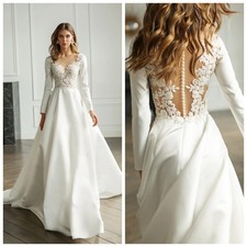 Illusion Lace Back Wedding Dresses Full Sleeves A Line Zipper Button Bridal Gown