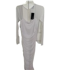 New Fashion Nova White Sheath Dress Body Hugger! Zip Back Lined, Sheer Sleeves L