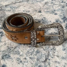 Nocona Belt Company Genuine Leather Belt Womens XL Floral Stitched Brown