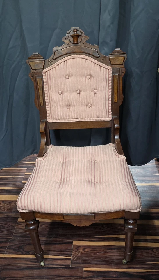 Антикварное викторианское кресло для гостиной 1800-е резьба по дереву и розовой ткани обивка вручную - Изображение 2 из 4