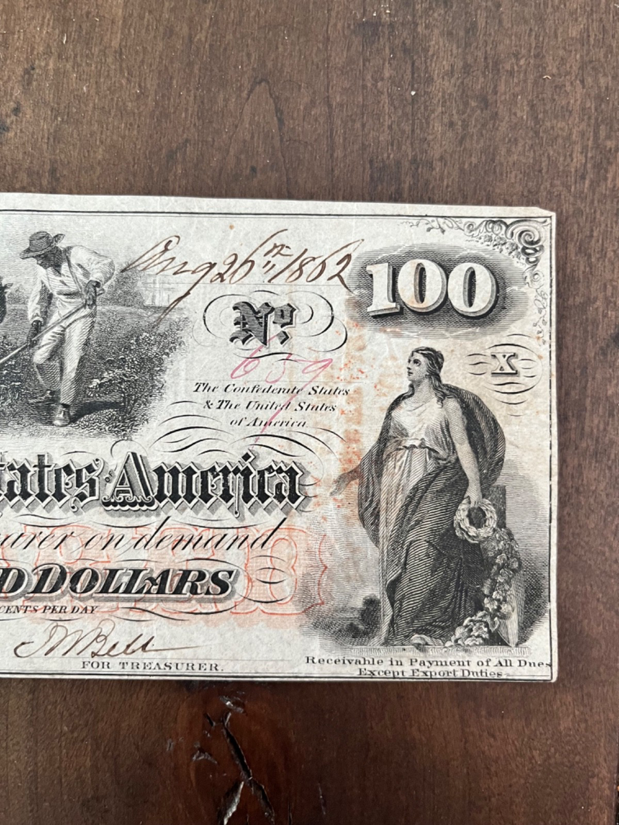 外国切手 1862年アメリカ南部連合 5セント切手　未使用 1862 Confederate States States of America $100 obsolete bank note