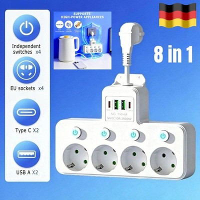 8 In 1 EU Steckdose 4/5 Fach Mehrfachstecker Steckdosenleiste Adapter USB Typ C