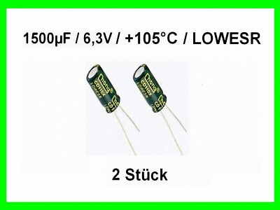 Elko - Kondens. LOWESR 1500µF (1500uF) / 6,3V / +105°C / ca. 10 x 13mm / 2 Stück