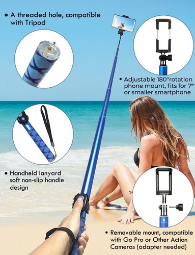 Long-Lasting 118'' Selfie Stick Tripod - Lightweight with Slip-Resistant Grip - Photo 6 sur 9