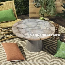White Agate Coffee Table, Agate Round Center Table, Handmade Patio Table Decor