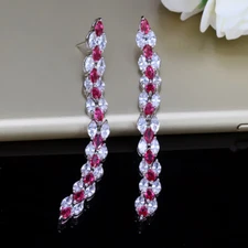 Silver Plated Cubic Zirconia Rose Red Women Long Dangle Salix Leaf Drop Earrings