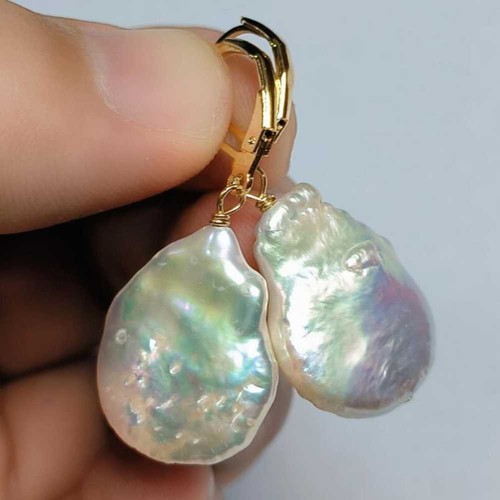 17-18MM Natural Baroque White Coin pearl Dangle Earrings 14K Ear Cuff Gold - Picture 4 of 4