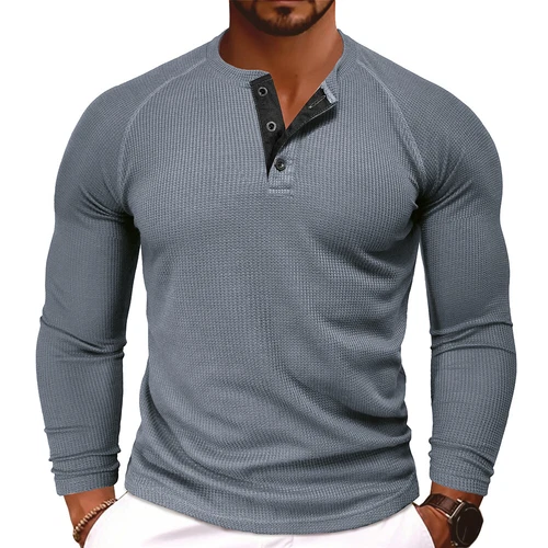 Mens Ribbed Henley Shirts Long Sleeve Button Grandad Plain Casual Tops T-Shirt - Picture 22 of 34