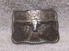 Silver Texas Longhorns Engraved Flower Filigree Western Belt Buckle Small VTG