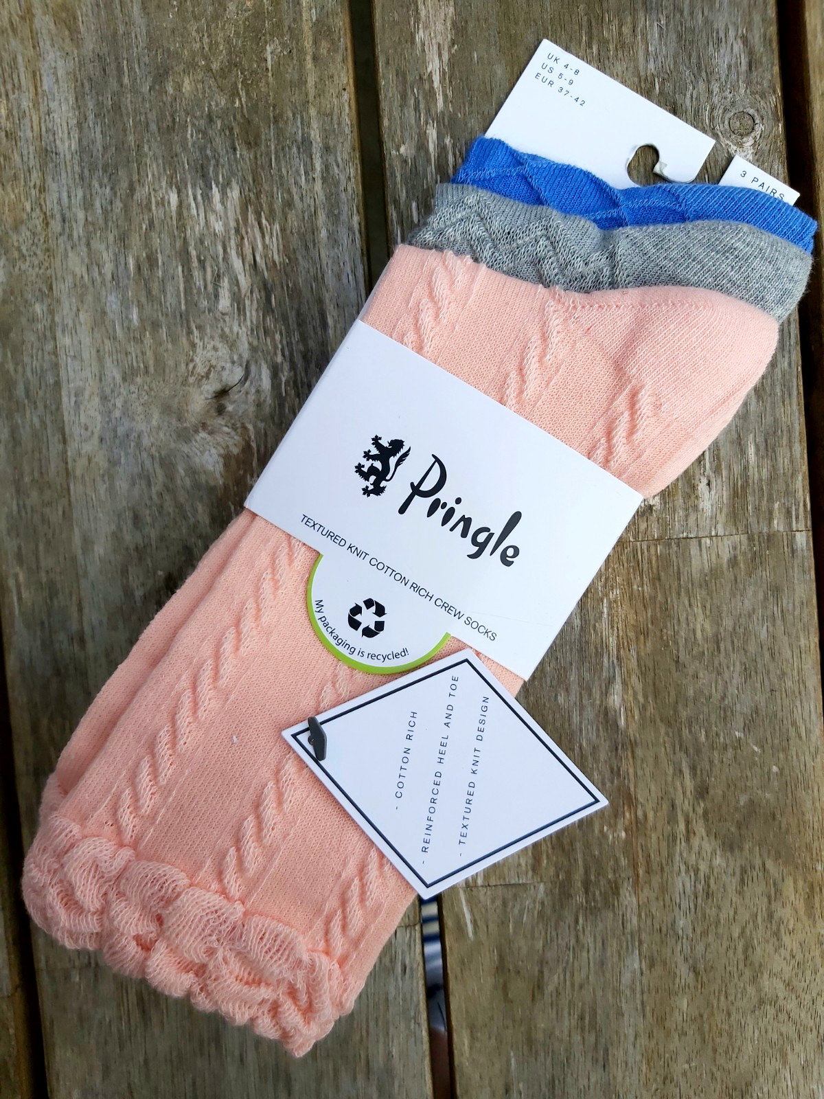 3 PAIRS : PRINGLE Textured Knit Peach Grey Blue Crew SOCKS 4-8 , 37-42 Cotton