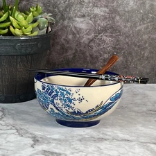 6 1/4" Japanese Waves Blue Beige Ramen Noodle Soup Bowl Gift Set Bowl