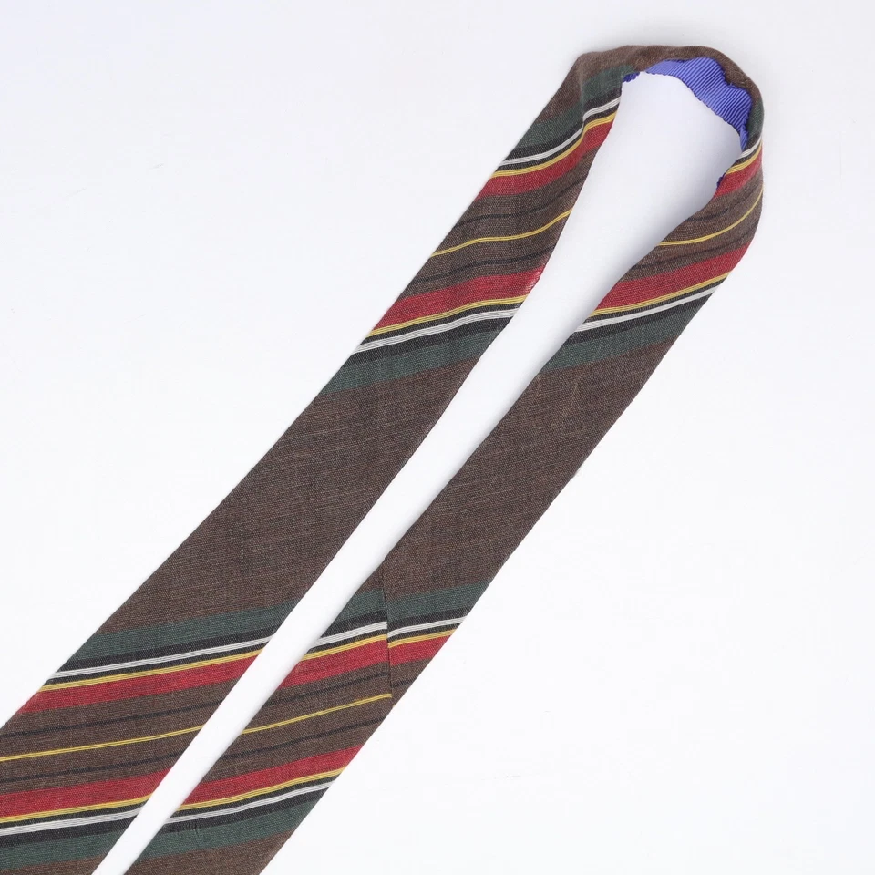 John G Hardy Mens Wool Silk Necktie Brown Green Red Stripe Weave Lightweight Tie - Image 4 of 4