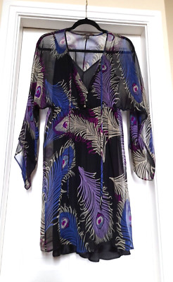 Neu Single 100 % Seide Boho Pfauenfeder Perlen Lagenlook Strandkleid S UK 10