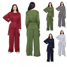 Womens Knitted Waterfall Hanky Tracksuit Set Ladies Loungewear Suit Coord Set UK