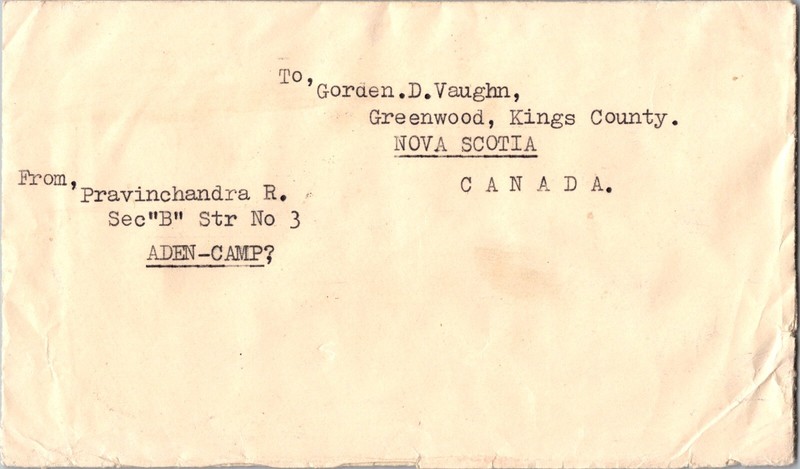 no year Aden Camp Letter mail cover To Canada Nova Scotia