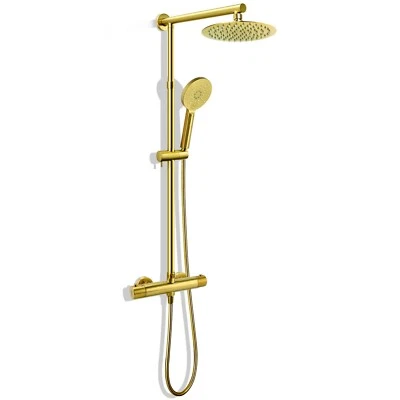 Brushed Gold Exposed Thermostatic Mixer Twin Shower Head Round Slider Bar 8" Set
