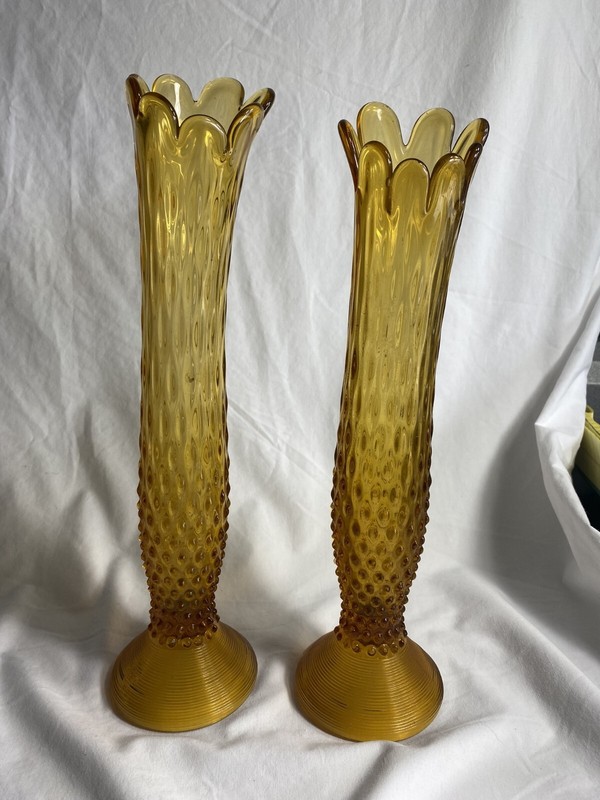 Pair Rare Fenton Amber Hobnail Swung Glass Vase with ribbed conical base 14 1/8"