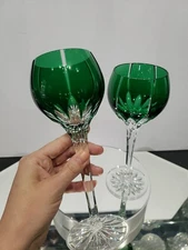 Wine Hock goblet 8-1/4 Glass Green Cut to clear Crystal Ajka Castille Albinka