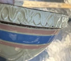 VTG McCoy Yellowware Bowl Pink & Blue Stripes Square Bottom Pie Crust Rim