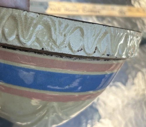 VTG McCoy Yellowware Bowl Pink & Blue Stripes Square Bottom Pie Crust Rim