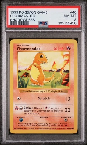 1999 POKEMON BASE SET SHADOWLESS #46 CHARMANDER PSA 8