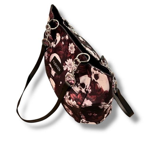 "Gothic Skull and Floral Tote Bag - Dark Fashion Statement Handbag" - Picture 6 of 11