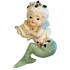 Vintage Mermaid Playing Harp Wall Plaque Ceramic Figurine Bathroom Pool Decor