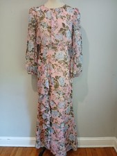 Eliza J Floral Metallic Fil Coupé Maxi Dress Pink Blue Ruffle Sleeve Size 10