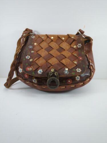 70s Hand tooled Leather Floral Embossed Vintage Bohemian Saddle Shoulder Bag
