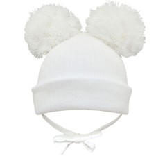 Baby Pom Pom Beanie Hat Double Bobble Cap Strap Boy Girl NB 0-3 3-6 6-12 12-18