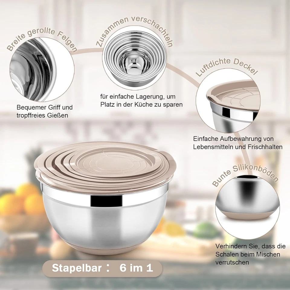 Schüssel Set 6x Edelstahl Rührschüssel Salatschüssel mit Luftdichte Deckel B923 - Bild 3 von 4