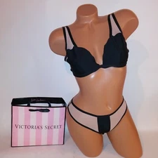Victoria Secret Bralette Set Small Bra & Thong Panty Black Mesh Unlined New