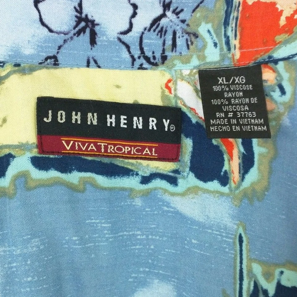Tropical Hawaiian Shirt Mens Size XL Blue John Henry Viva Aloha Cocktails - Image 4 of 4