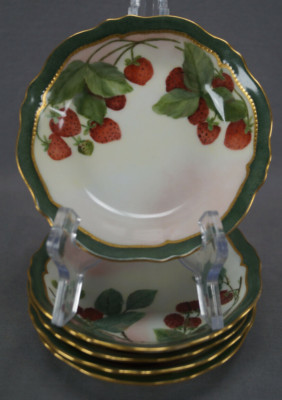 Set of 5 O&EG Royal Austria Hand Painted Berries Green Gold Beaded Dessert Bowls