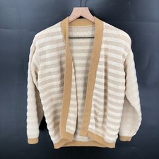 Vintage open front long sleeve ribbed chunky knit sweater beige neutral stripe L