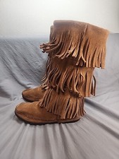 Minnetonka Moccasin Boots Fringe 3 Layer Suede Rusty Brown 12  Tall Size 6 Boho