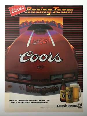 1985 Coors Racing Team Mongoo$e Corvette vintage magazine ad, NHRA & IHRA