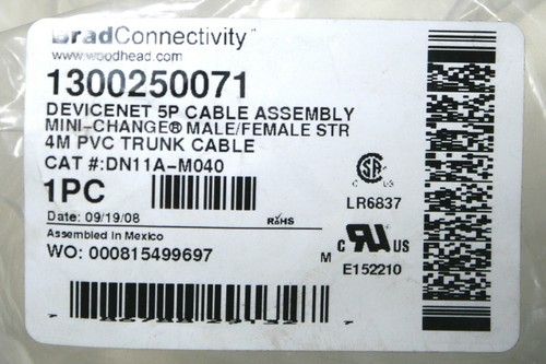 Brad Harrison Woodhead DN11A-M040 1300250071 Devicenet 4M 5P Cable Assembly PV - Picture 2 of 4
