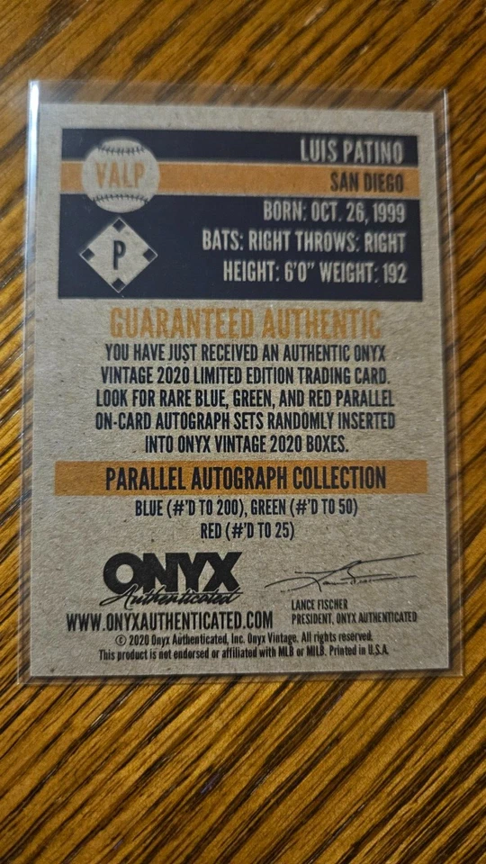 Luis Patino Auto -2020 Onyx Vintage Auto VALP - San Diego Padres - Image 2 of 2