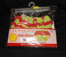 WEE WAVE REUSABLE SWIM DIAPER GREEN W/BEACH PRINT RED POLKA DOT RUFFLE SMALL NIP