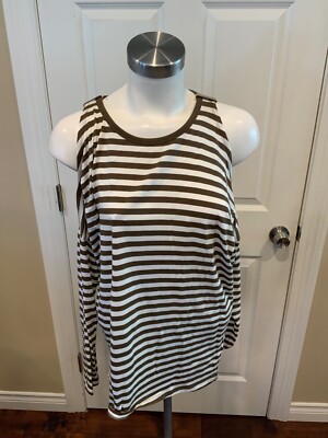Michael Kors Brown & White Striped Cold Shoulder Shirt, Size S, NWT! $79
