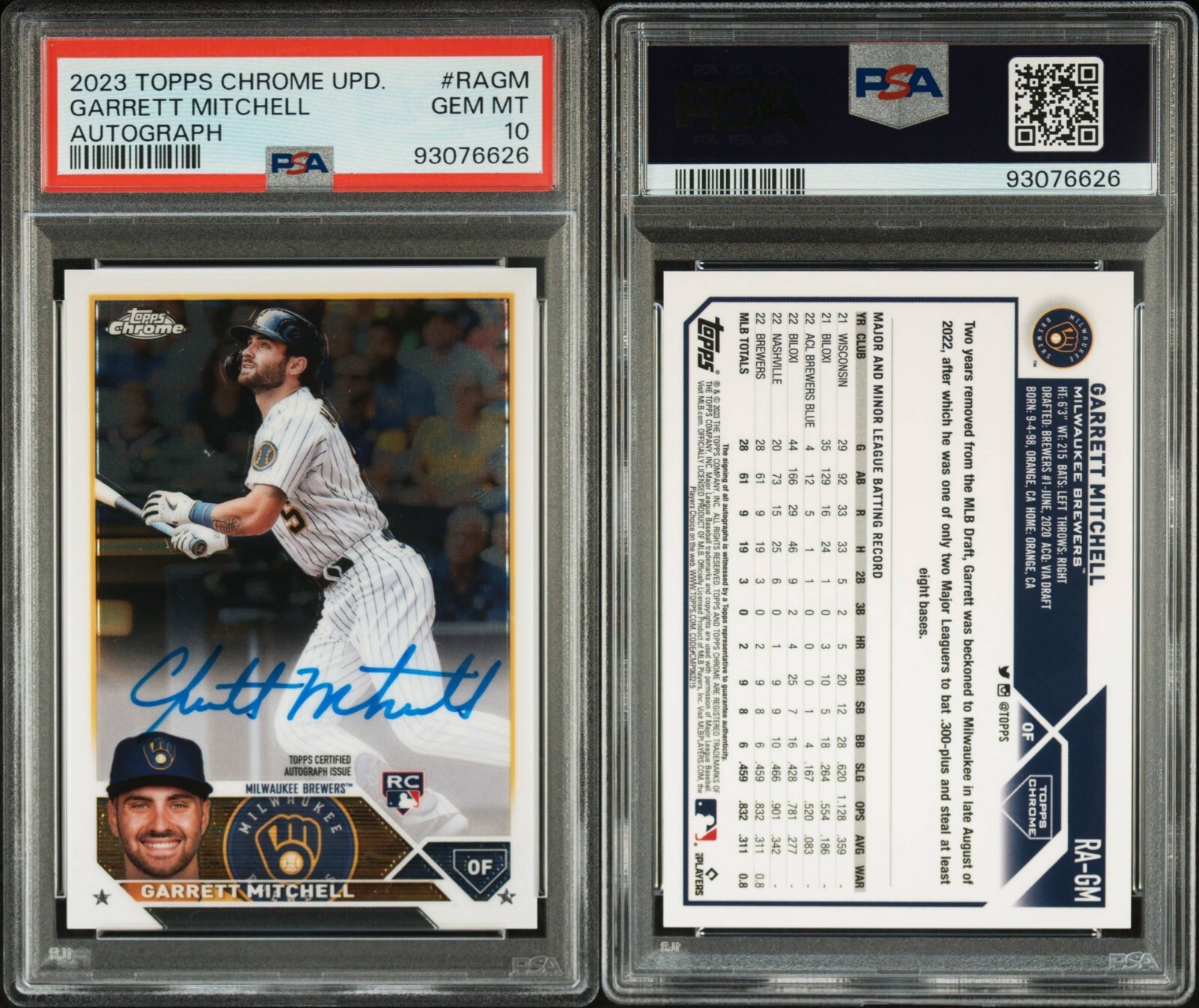 2023 Topps Chrome Update Garrett Mitchell Autograph PSA 10 Milwaukee Brewers